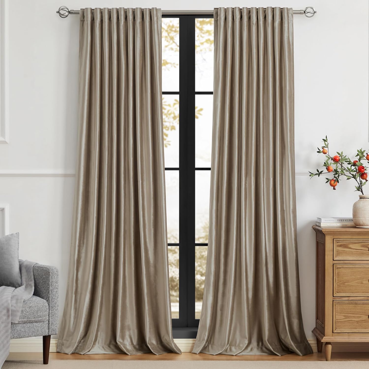 PRIMROSE Taupe Velvet Curtains 90 inch for Living Room Decor