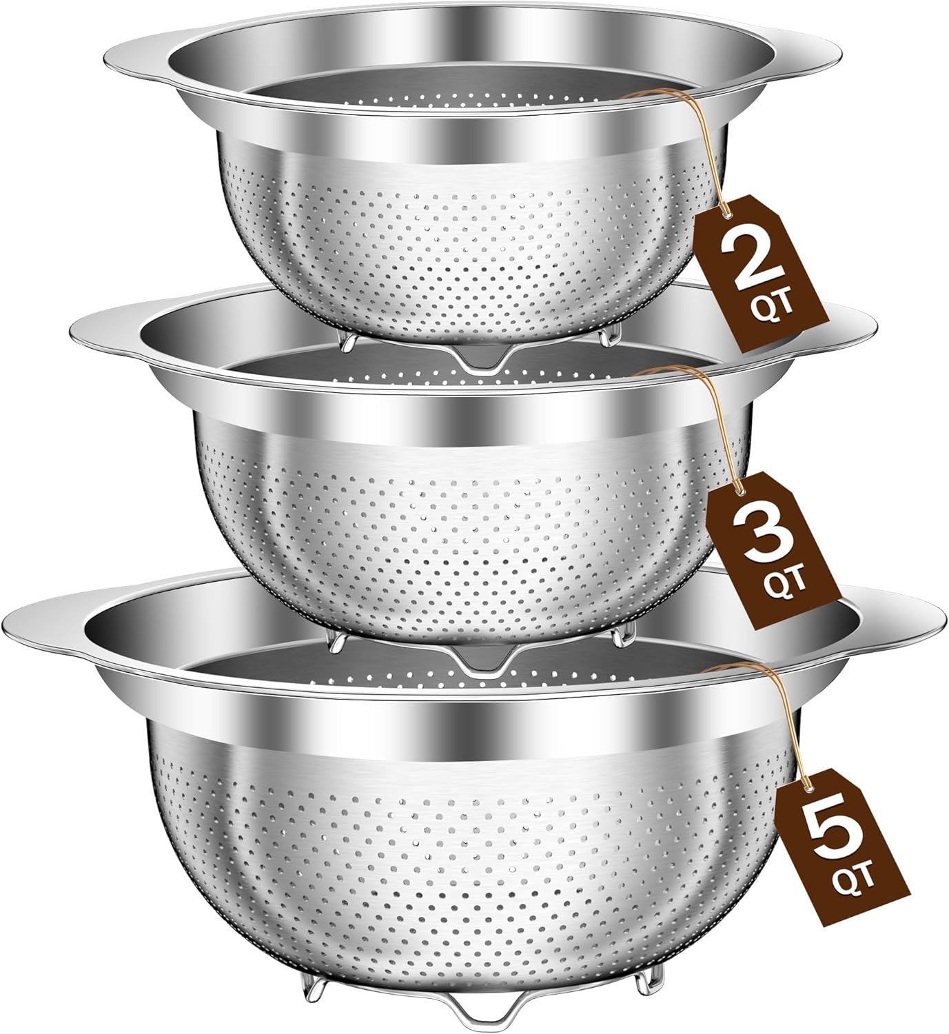 Stainless Steel Colander Set for Kitchen, 3 Versatile Sizes
