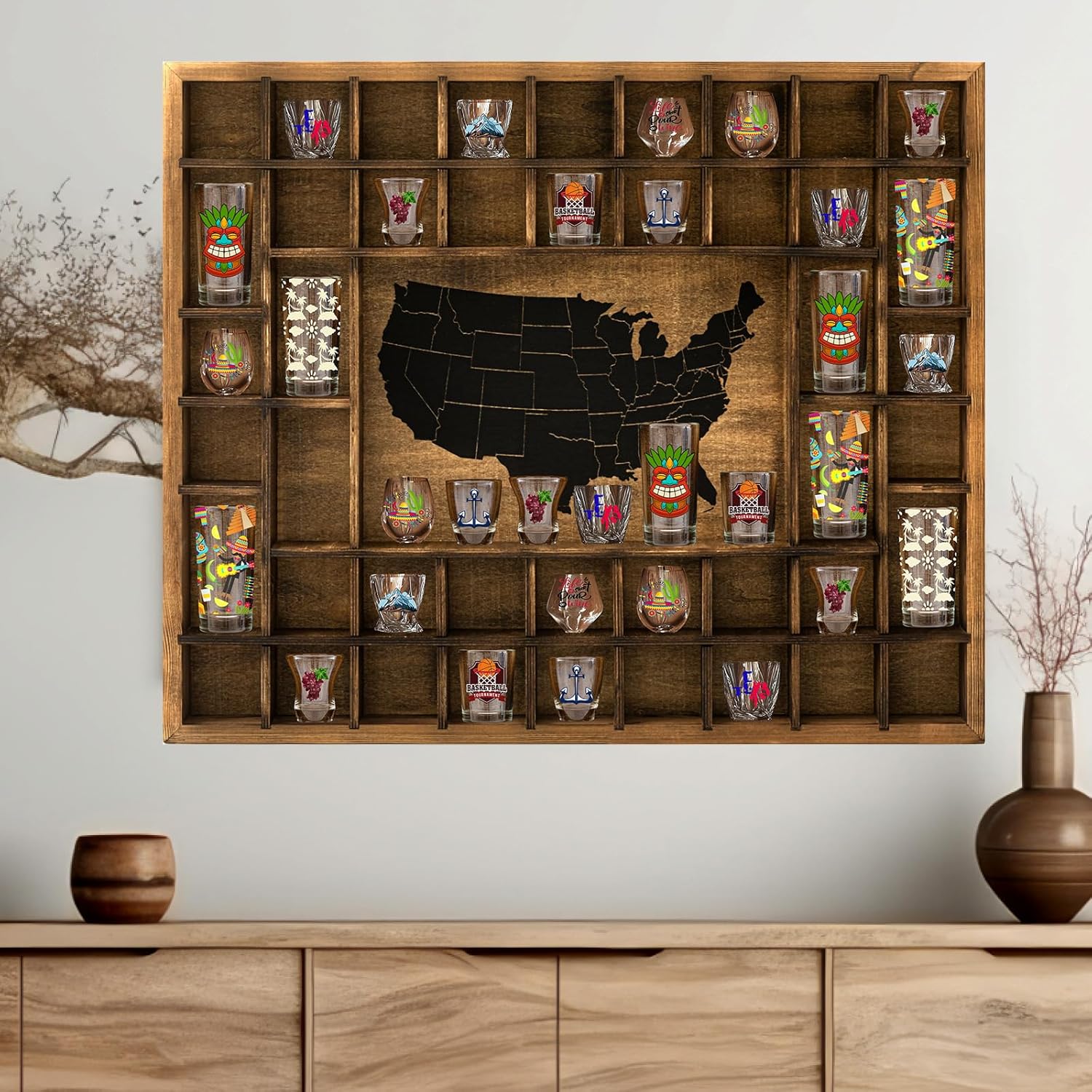 Large Rustic Wood Shot Glass Display Case with American Map Theme