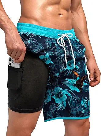 SILKWORLD Mens Swim Trunks 7in with Compression Lining Quick Dry