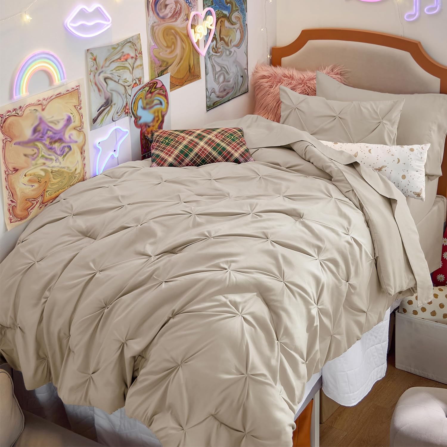 Bedsure Twin Comforter Set Beige - 5 Piece Bed in a Bag