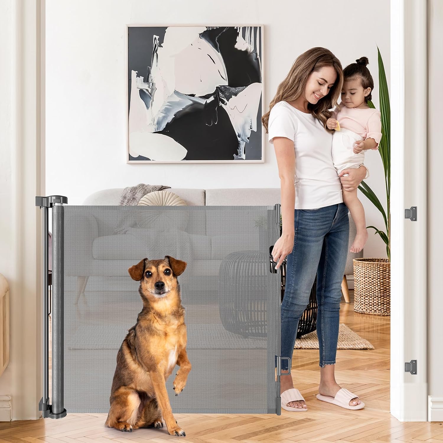Retractable Dog Gates for Doorways 55in Wide for Kids & Pets