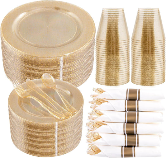 Gold Glitter Dinnerware Set for 30 Guests by WELLIFE - 210Pcs