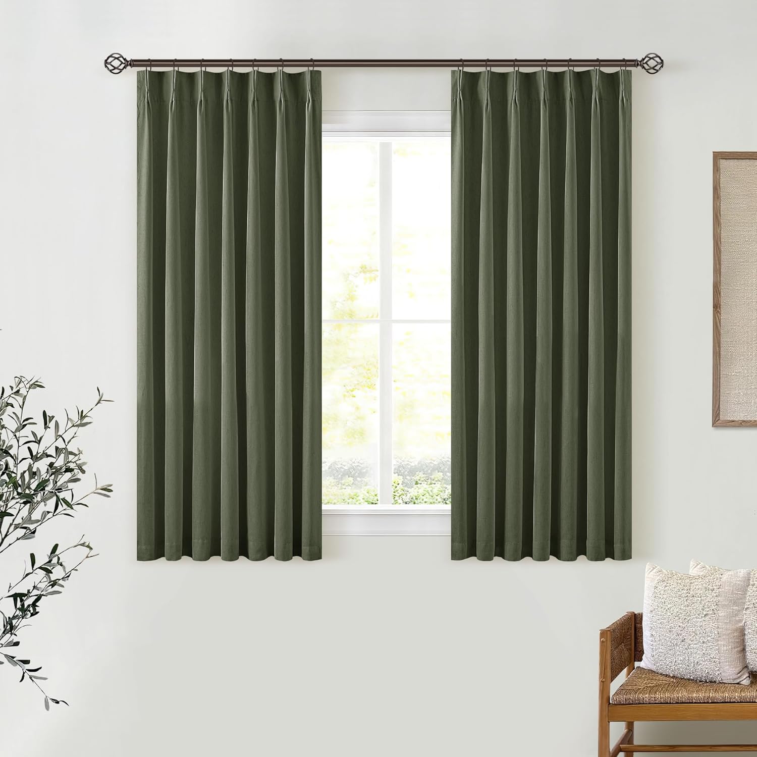 Olive Green Linen Blackout Curtains for Kitchen 45 Inch Length