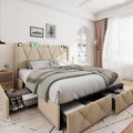 Full Size Beige Upholstered Bed Frame with 4 Storage Drawers