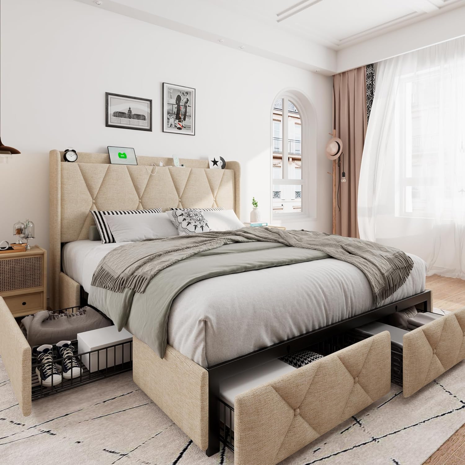 iPormis Full Size Bed Frame with Storage Drawers and Charging