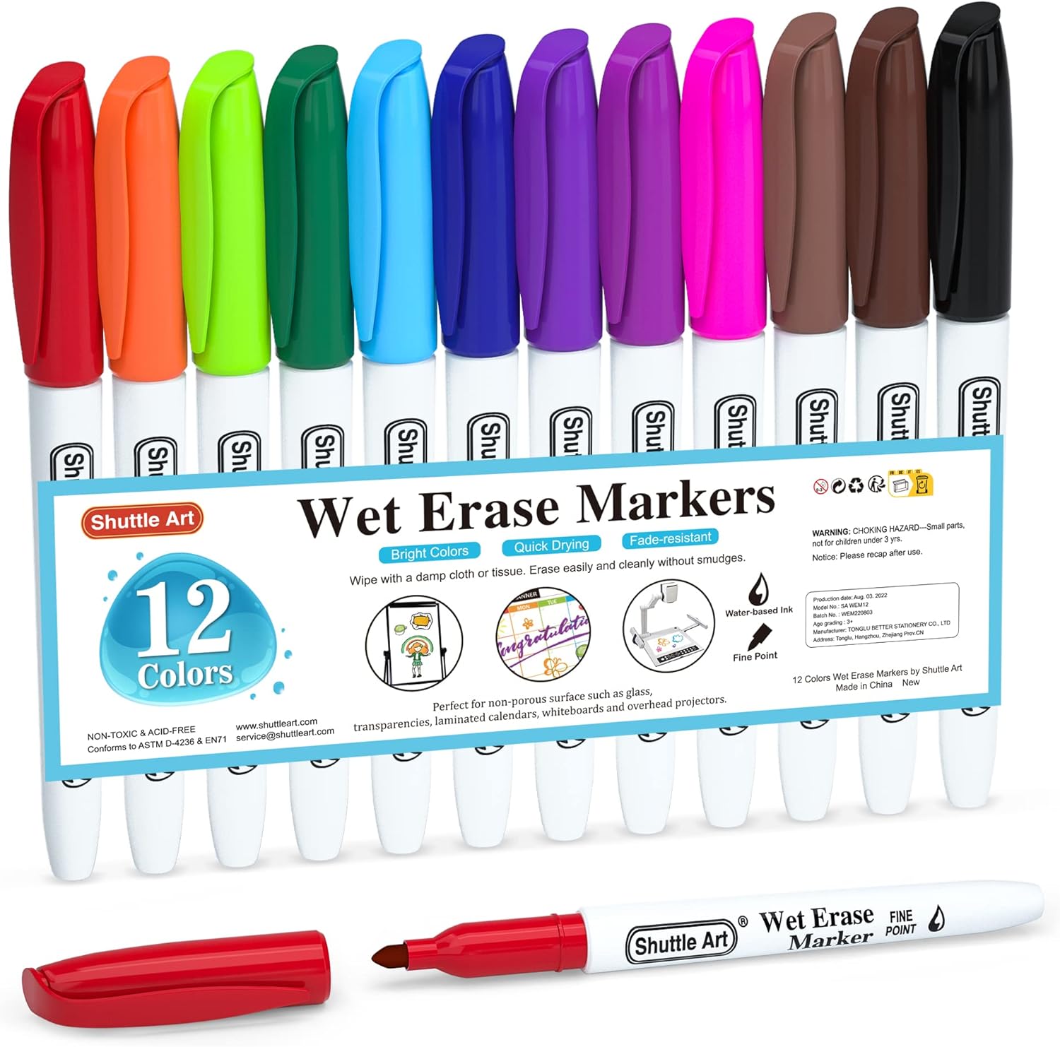 Smudge-Free 1mm Fine Tip Wet Erase Markers by Shuttle Art