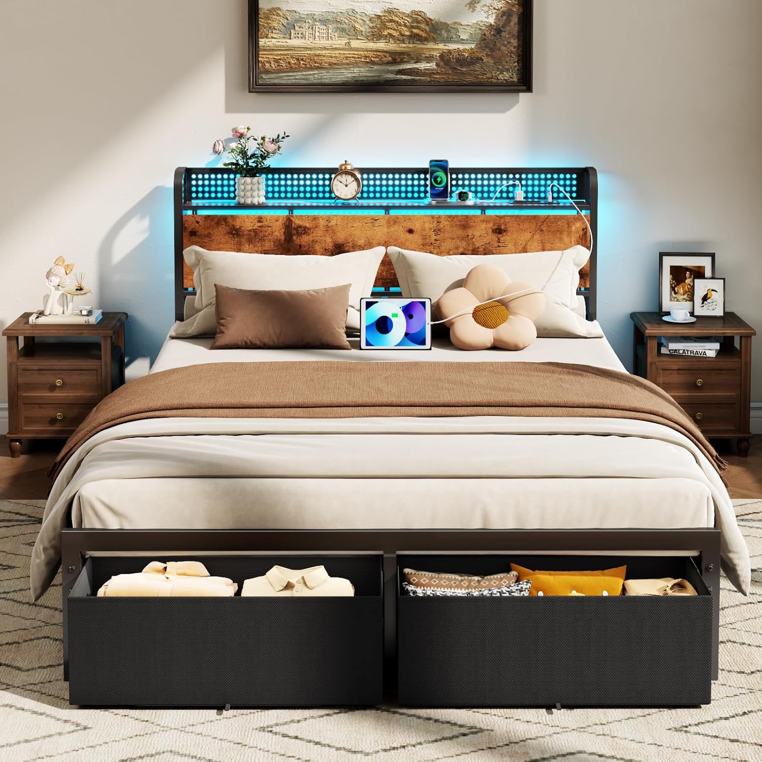Furnulem Queen Size Bed Frame with Storage and LED Lights
