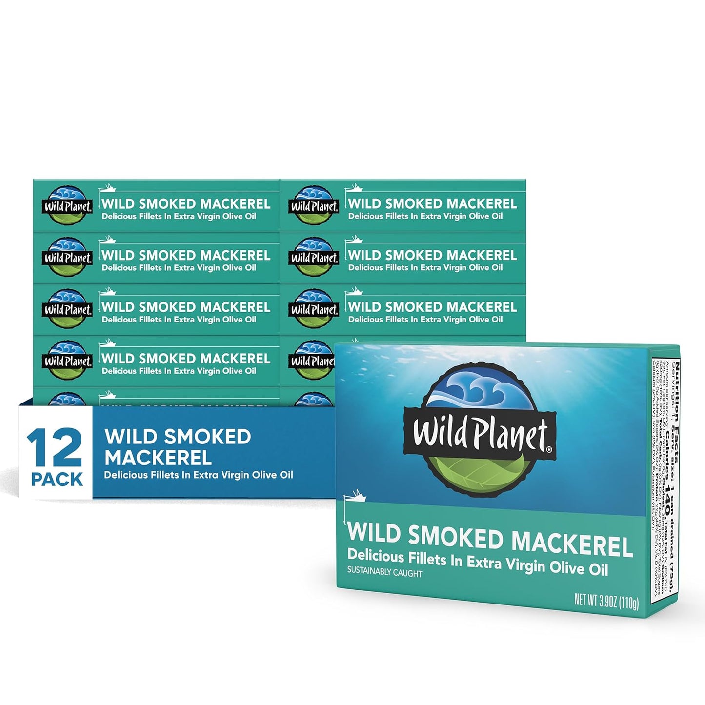 Wild Smoked Mackerel Fillets in Extra Virgin Olive Oil, 12 Pack