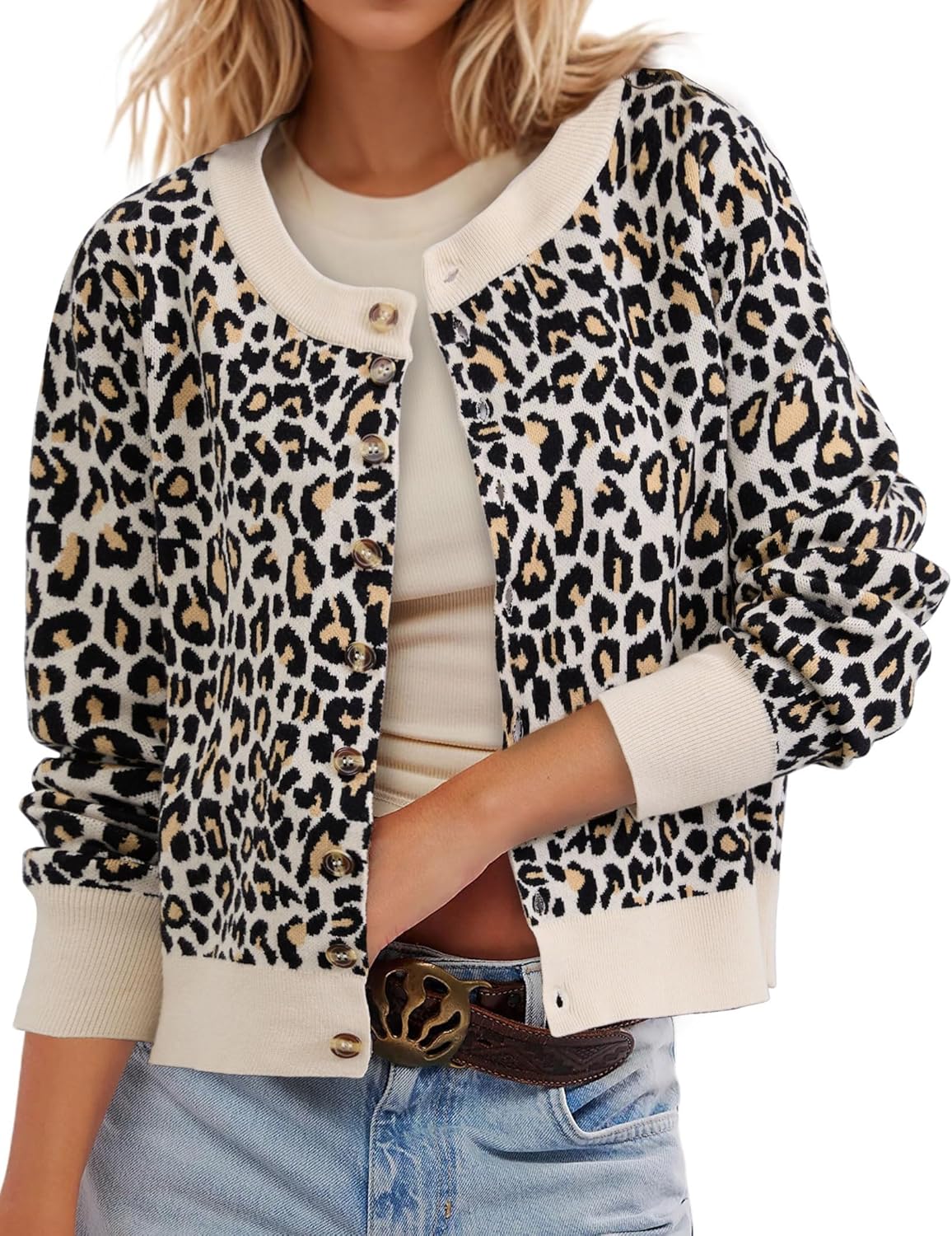 Leopard Cardigan Open Front Button Up Sweaters for Women