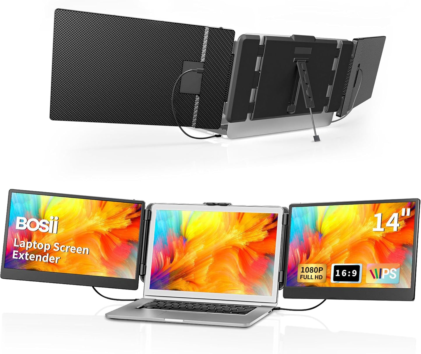 BOSII 14 Triple IPS FHD Laptop Screen Extender - Portable HDMI/USB-C Monitor for Enhanced Productivity