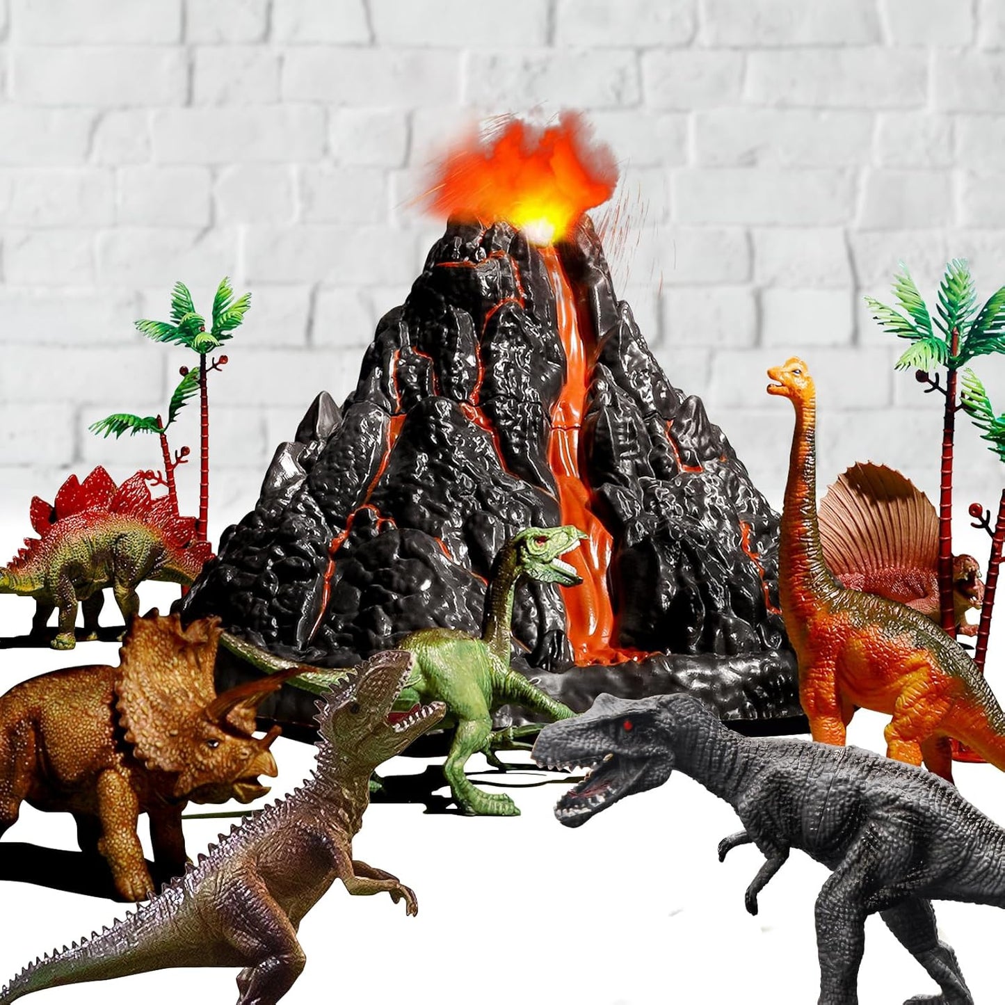 Large Volcano Set with 9 Realistic Dinosaur Figures for Kids