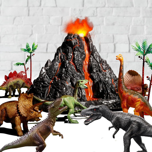 Large Volcano Set with 9 Realistic Dinosaur Figures for Kids