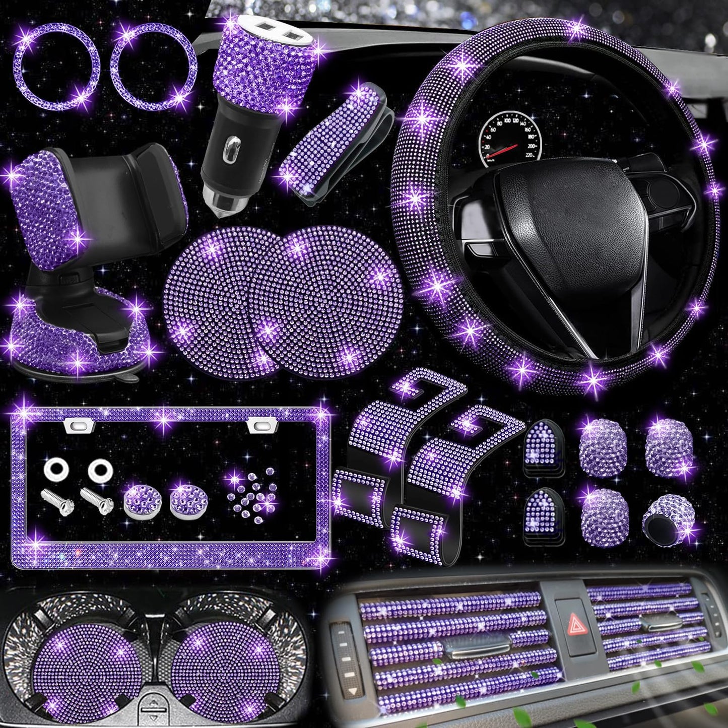 Bling Car Accessories Set for Women - 27 PCs Stylish Kit