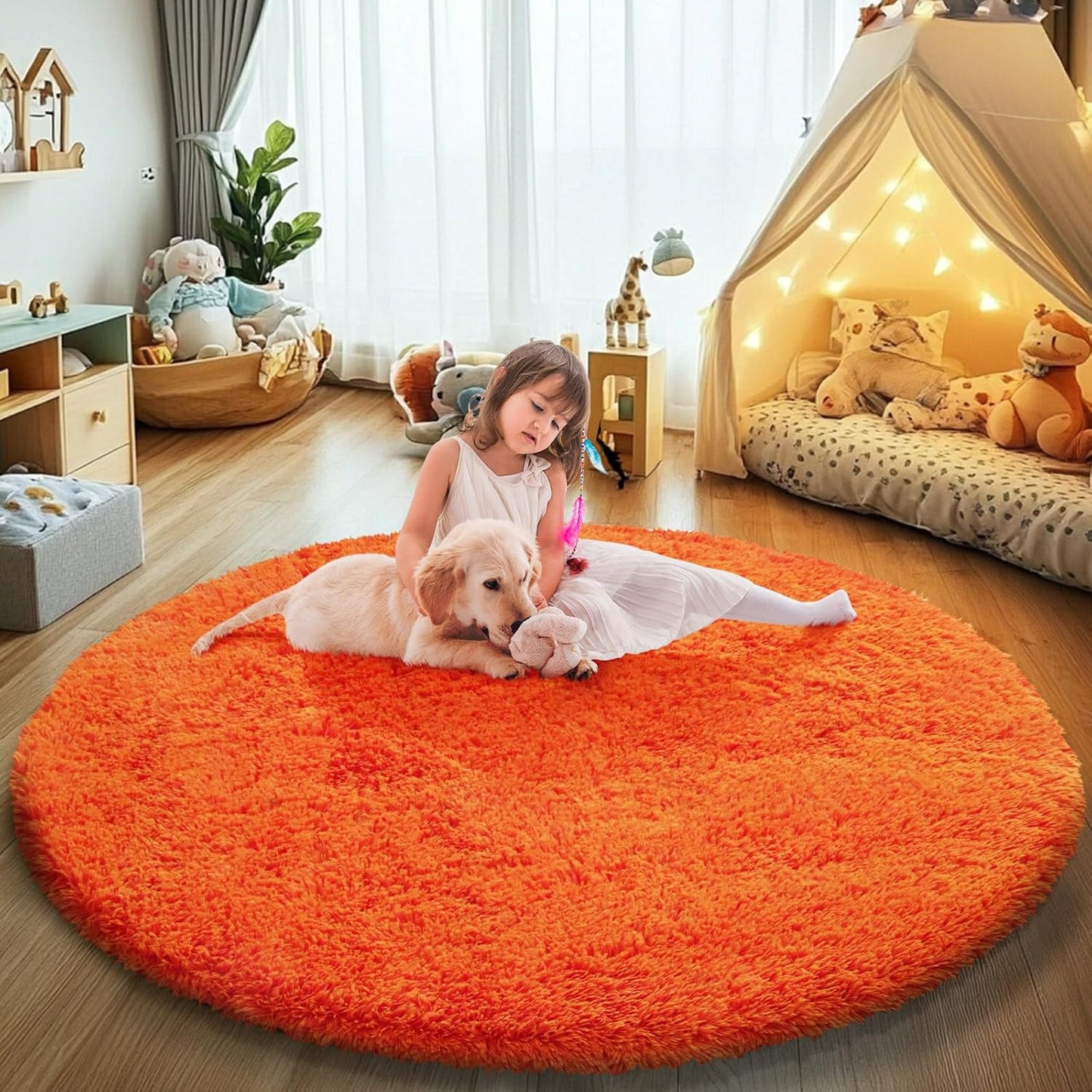 Orange Fluffy Round Rug for Girls Room, Soft Shaggy Carpet