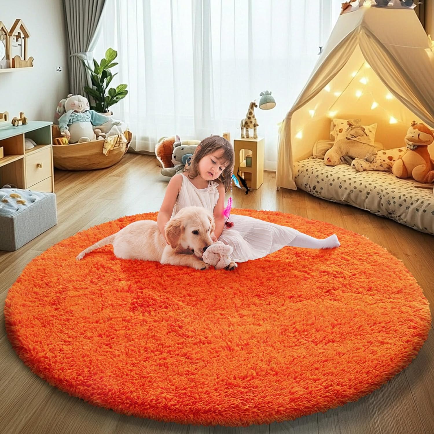 Orange Fluffy Round Rug for Girls Room, Soft Shaggy Carpet