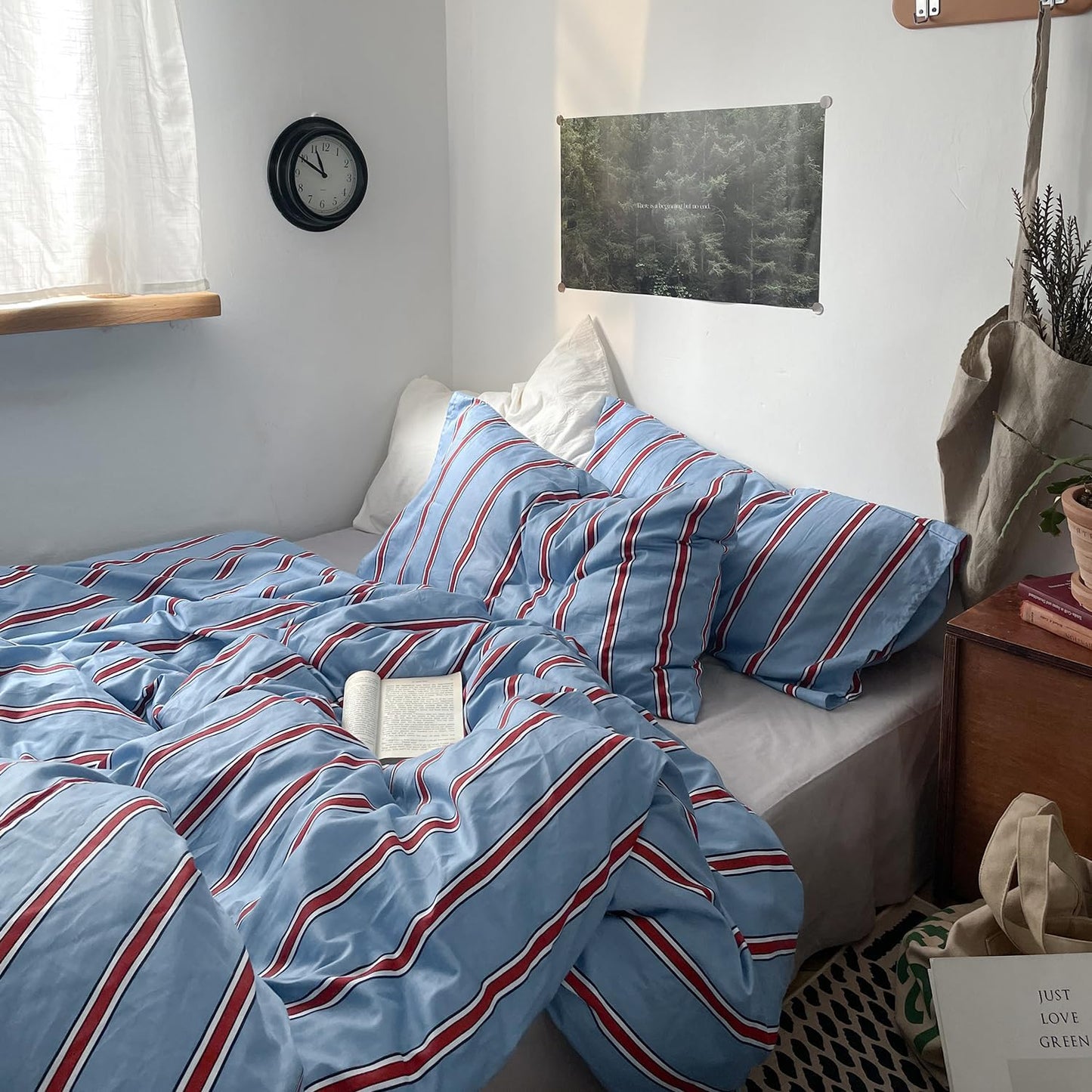 Vintage Striped Blue Duvet Cover Set - Soft Cotton Bedding