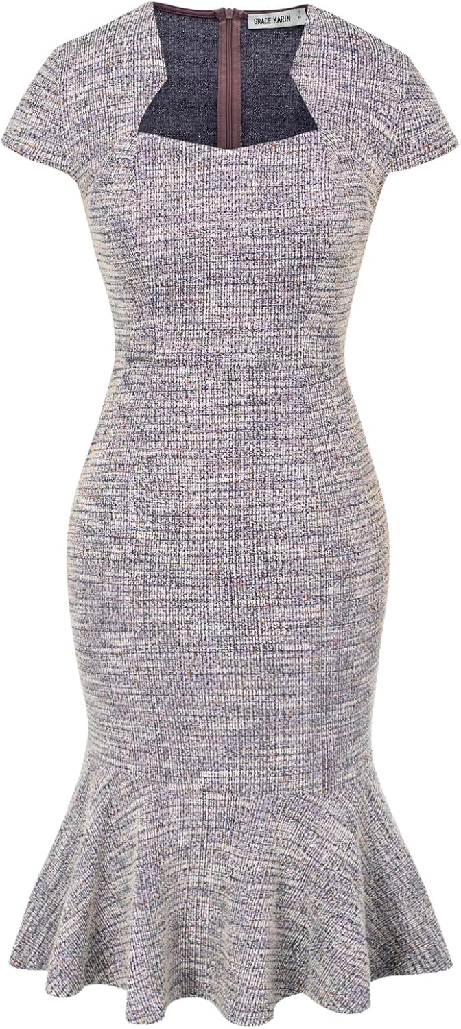 Elegant Cap Sleeve Fishtail Tweed Cocktail Bodycon Dress Review