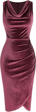 Velvet Cowl Neck Cocktail Midi Dress - Flattering Ruched Fit Guest