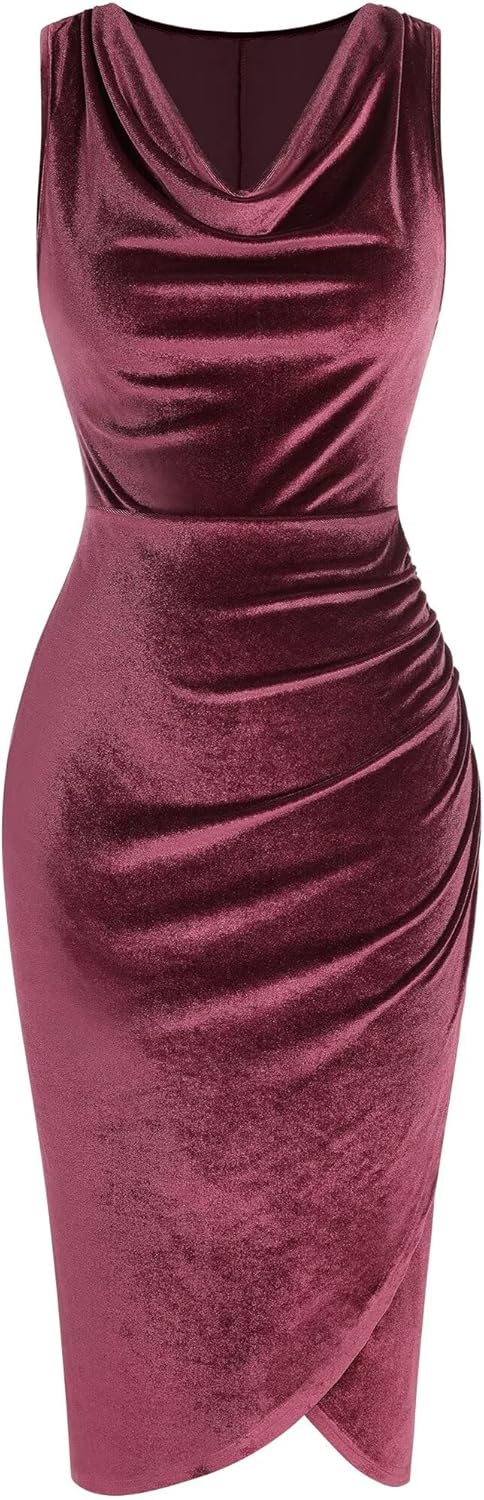 Stylish Velvet Cocktail Dresses for Women - Ruched Bodycon Midi