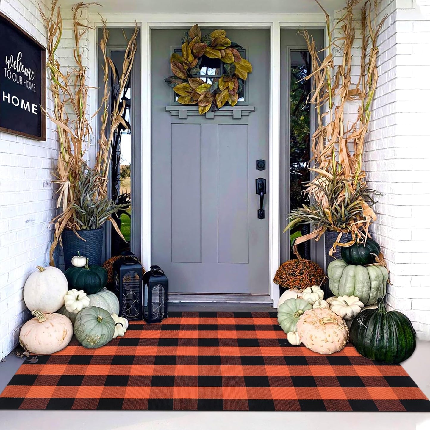 Orange and Black Plaid Rug for Fall Outdoor Decor and Entryways