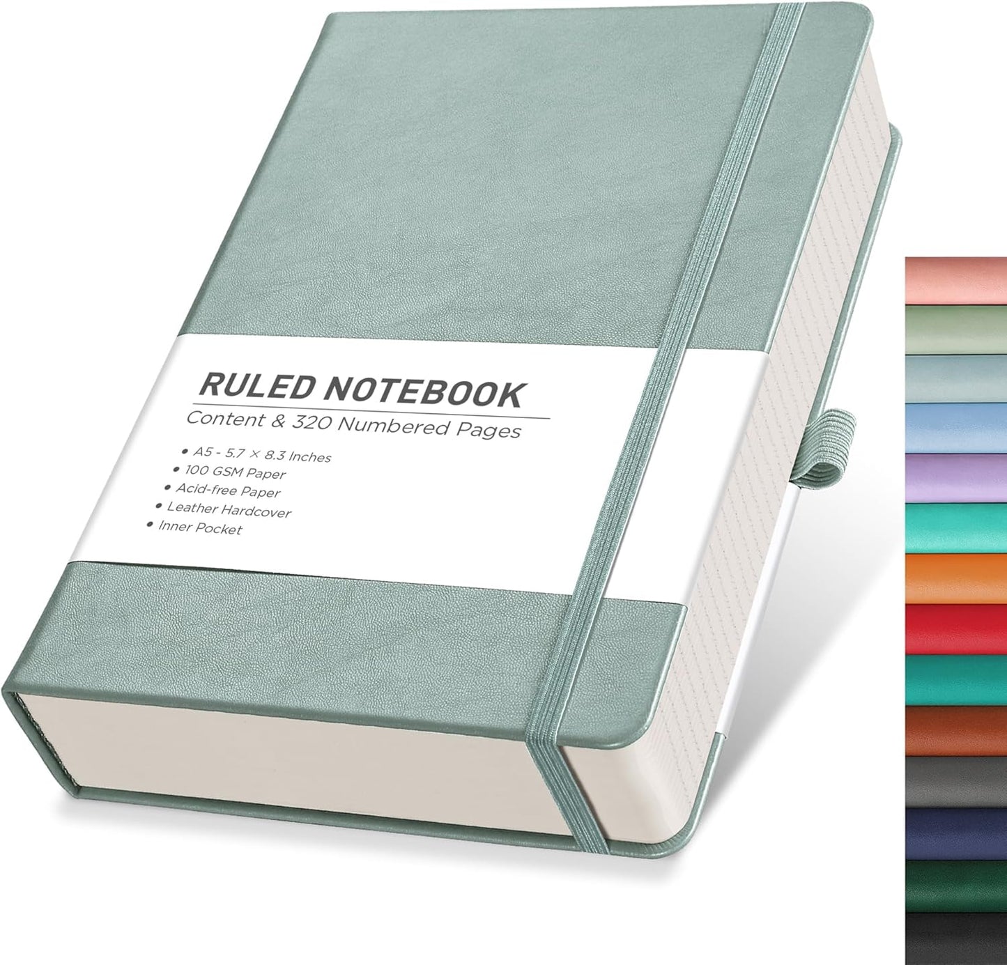 RETTACY A5 Lined Journal - 320 Numbered Pages, Leather Hardcover, 100 GSM Paper, Blue-gray