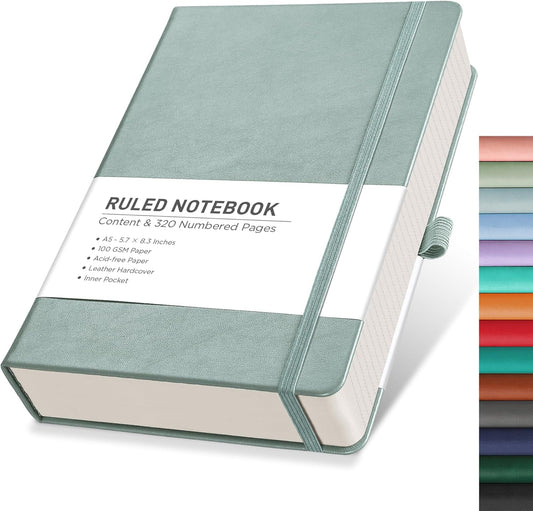 RETTACY A5 Lined Journal - 320 Numbered Pages, Leather Hardcover, 100 GSM Paper, Blue-gray