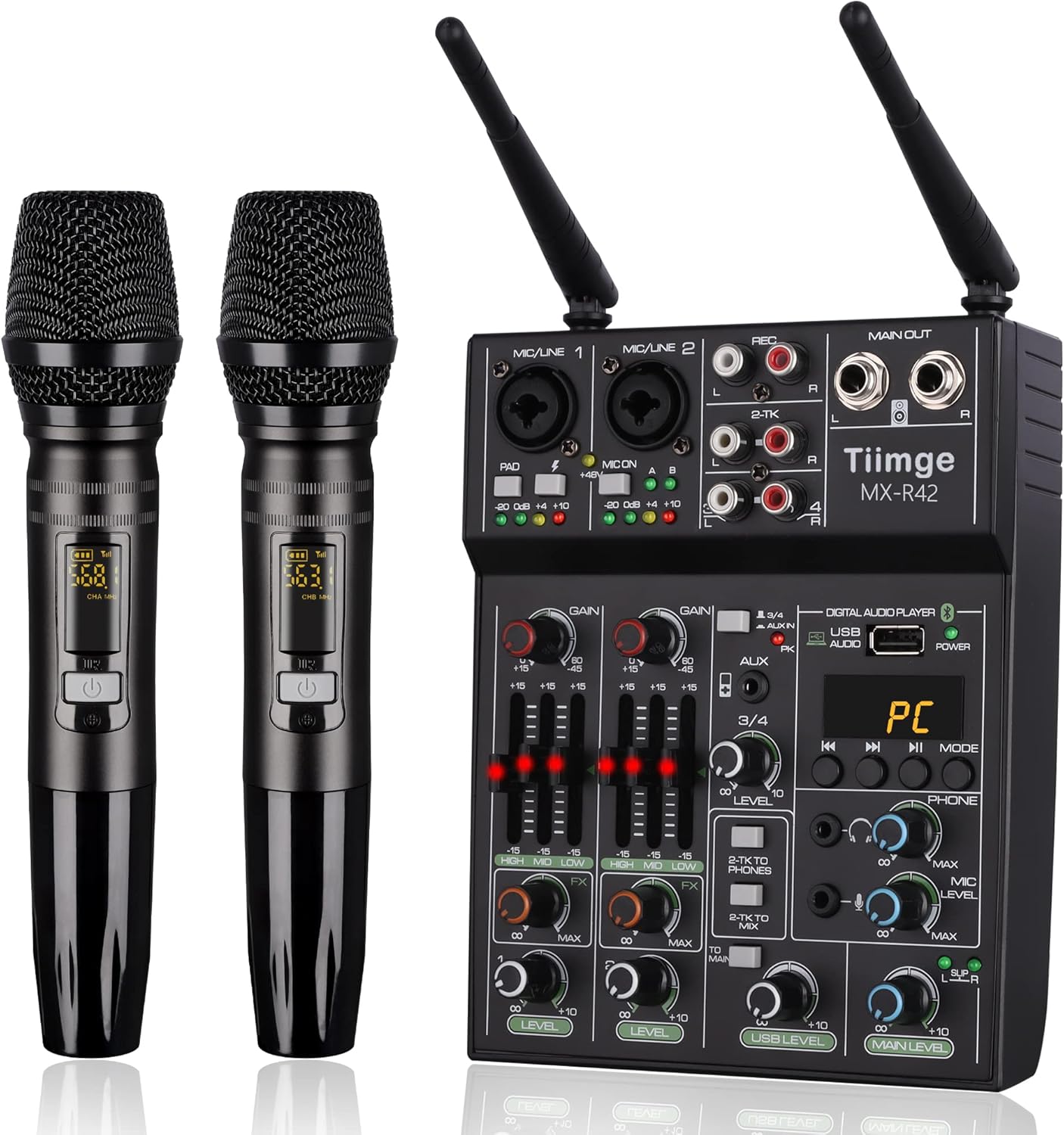 Tiimge 4-Ch Wireless DJ Mixer w/ USB, Bluetooth & Phantom Power