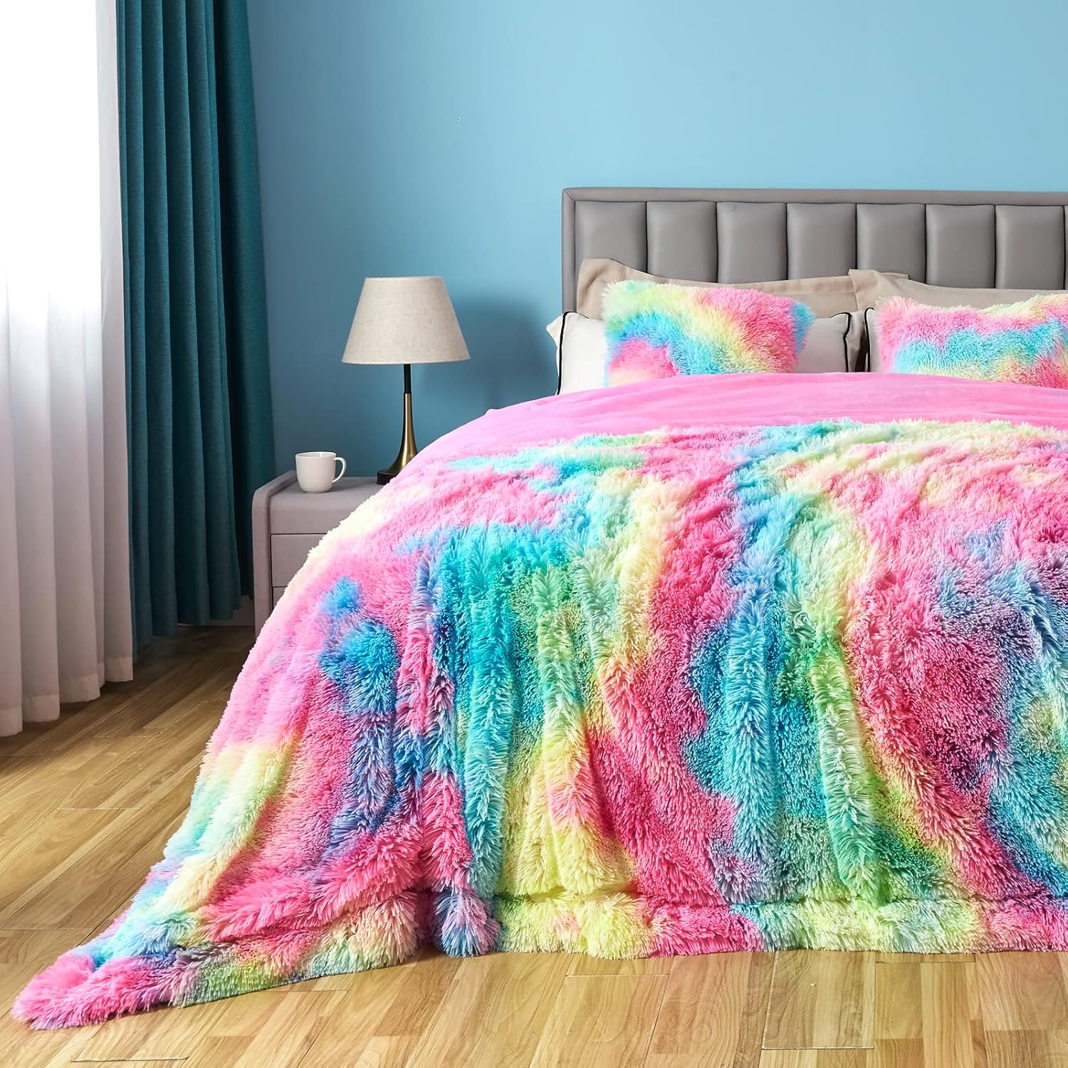 Fuzzy Faux Fur Throw Blanket Queen Size Dark Rainbow Cozy Plush