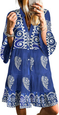 SELINK Womens V Neck Tribal Print Boho Mini Dress - Lightweight
