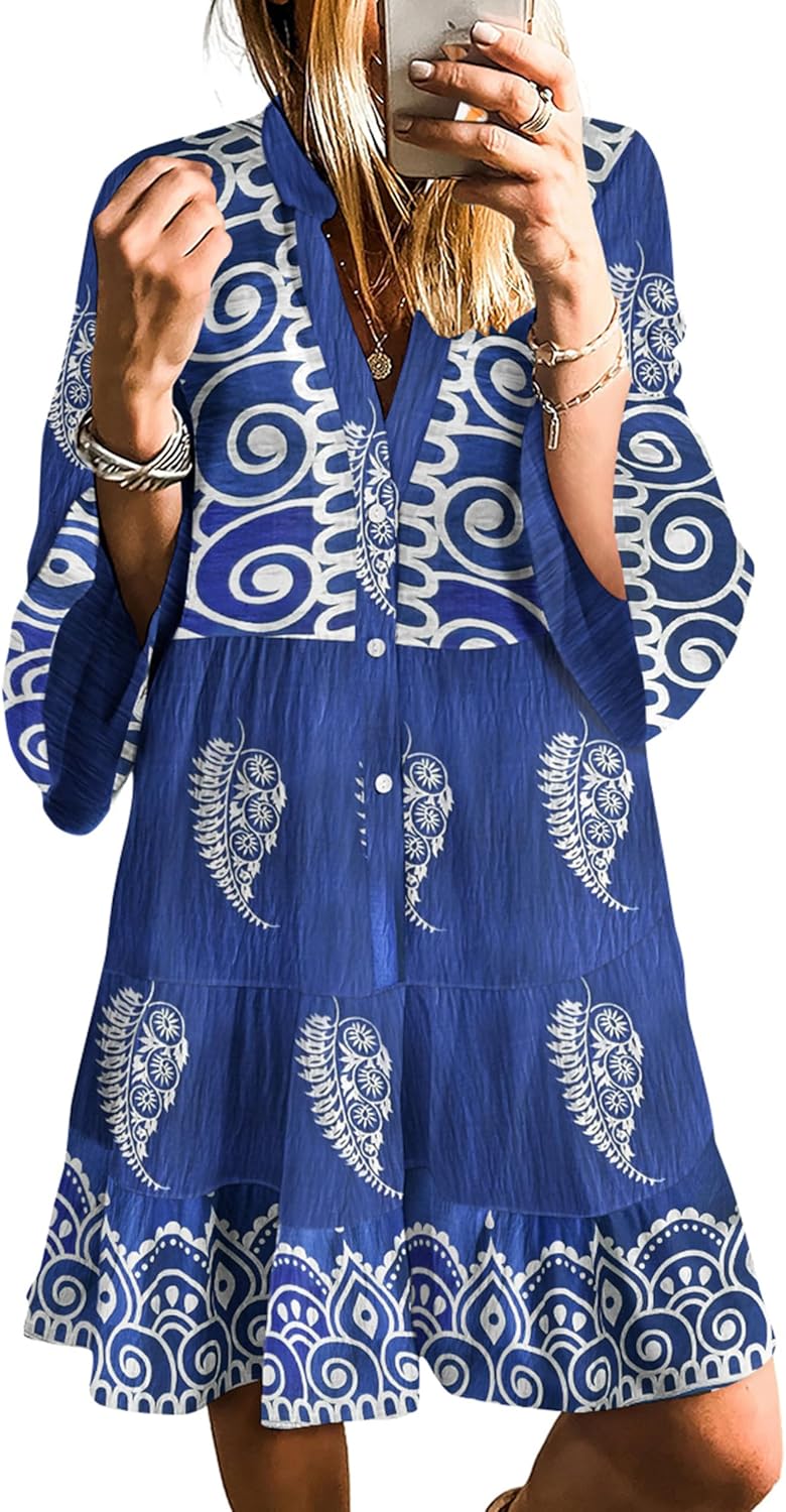 SELINK Womens Long Sleeve Casual V Neck Tribal Print Dress