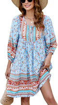 Bluetime Women Casual Summer Dress Boho V Neck 3/4 Sleeve - Flowy but