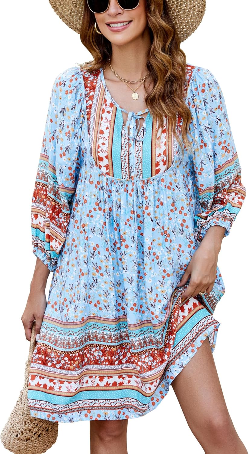 Bluetime Women Casual Summer Dress Boho V Neck Floral Print