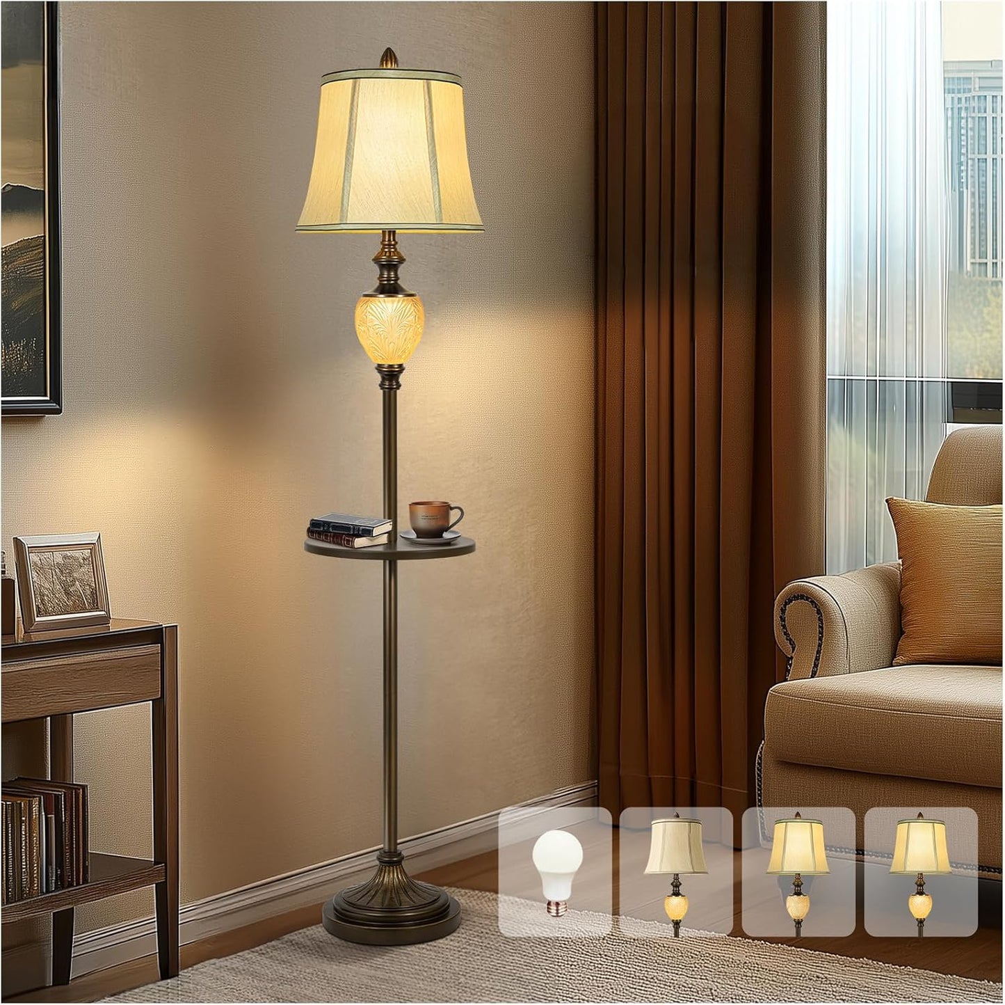 64 Inch Vintage Floor Lamp with Tray and Nightlight for Home