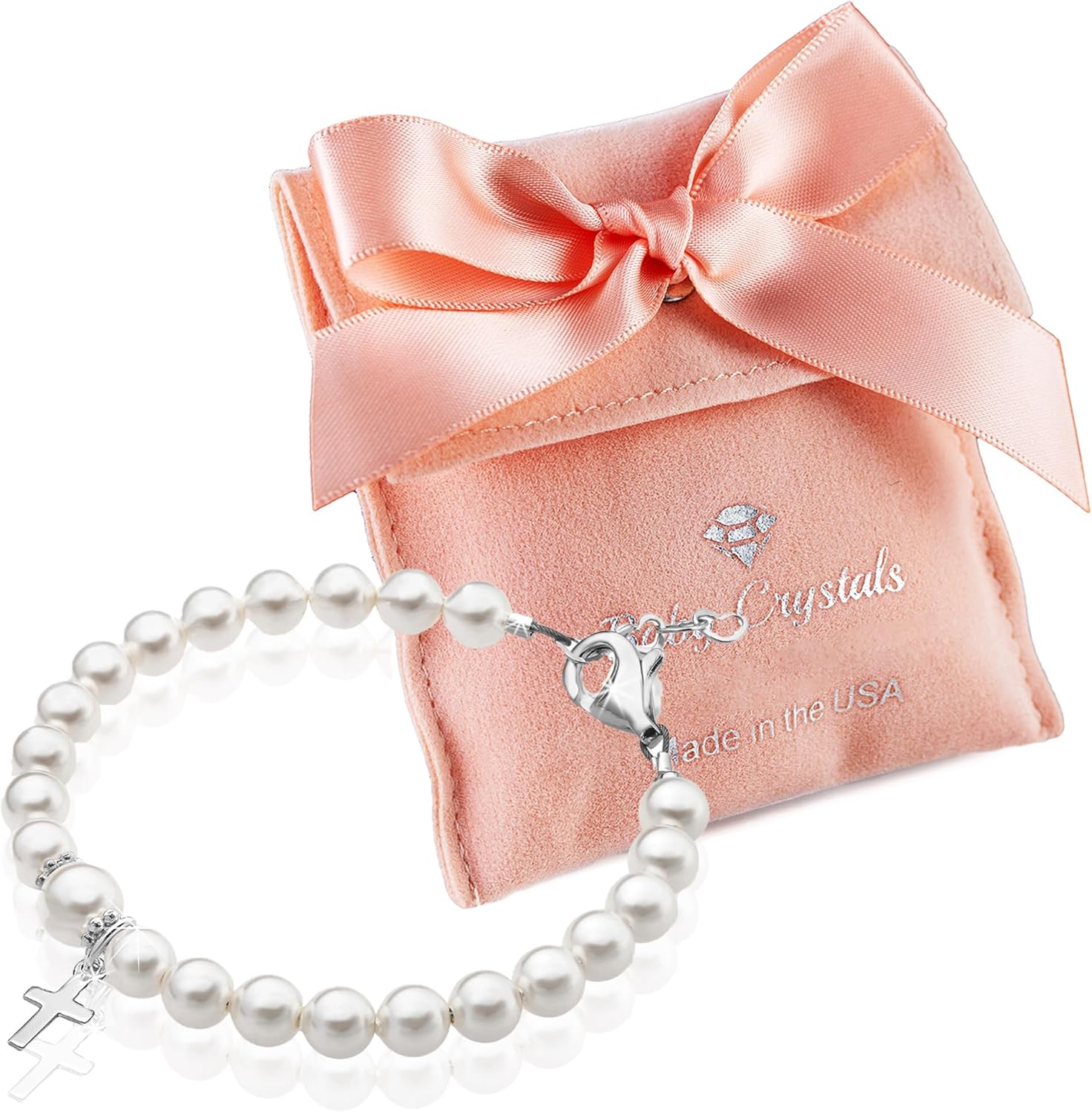 Baby Crystals Sterling Silver Cross Charm Pearl Bracelet for Girls