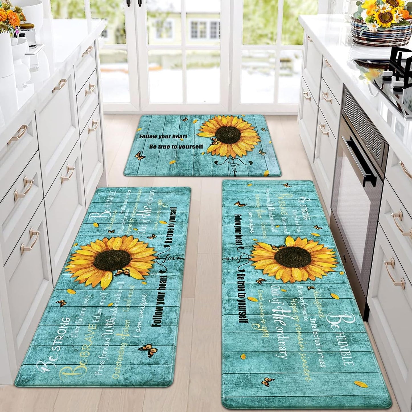Likiyol Sunflower Kitchen Rugs Set of 3 for Anti Fatigue Comfort