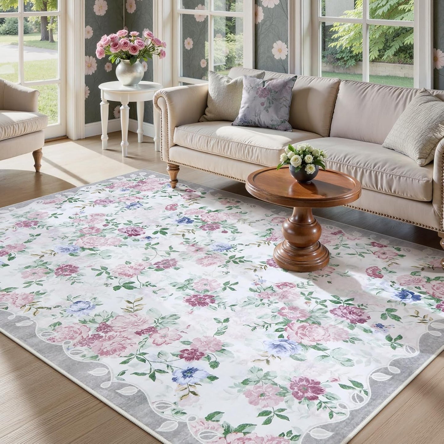 Lahome Purple Floral 5x7 Area Rug for Vintage Boho Decor