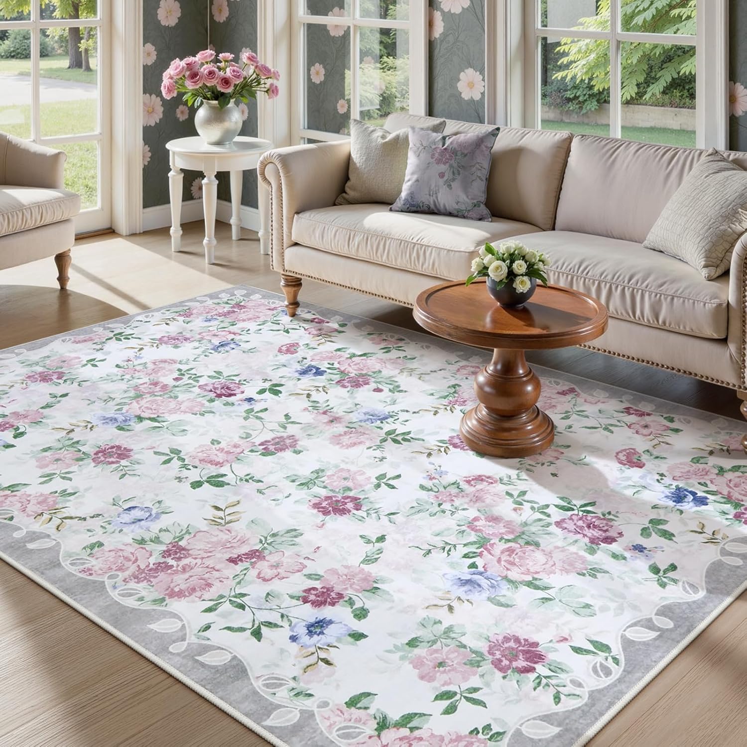 Lahome Purple Floral 5x7 Area Rug for Vintage Boho Decor