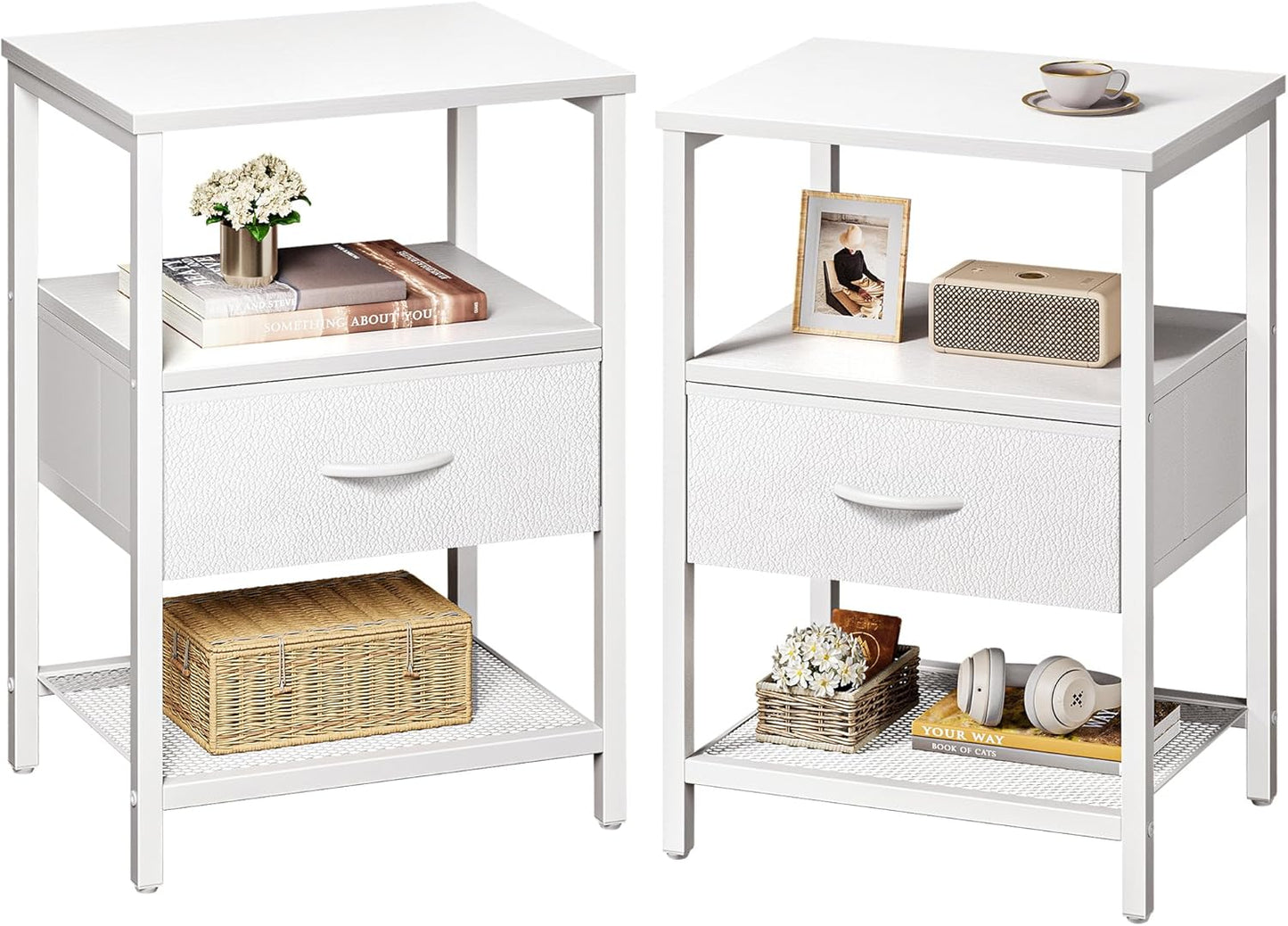 Huuger Nightstand Set of 2 with Fabric Drawer and Mesh Shelf