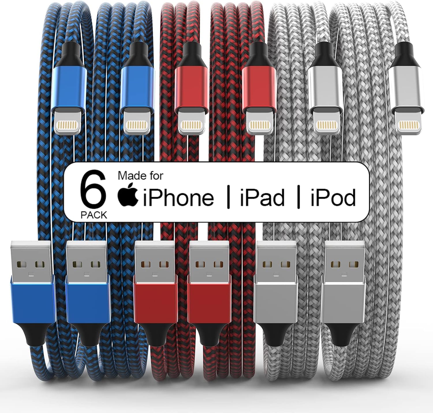 6Pack Apple MFi Certified Lightning Cables by MUXA - Fast Charging for All iPhone Models
