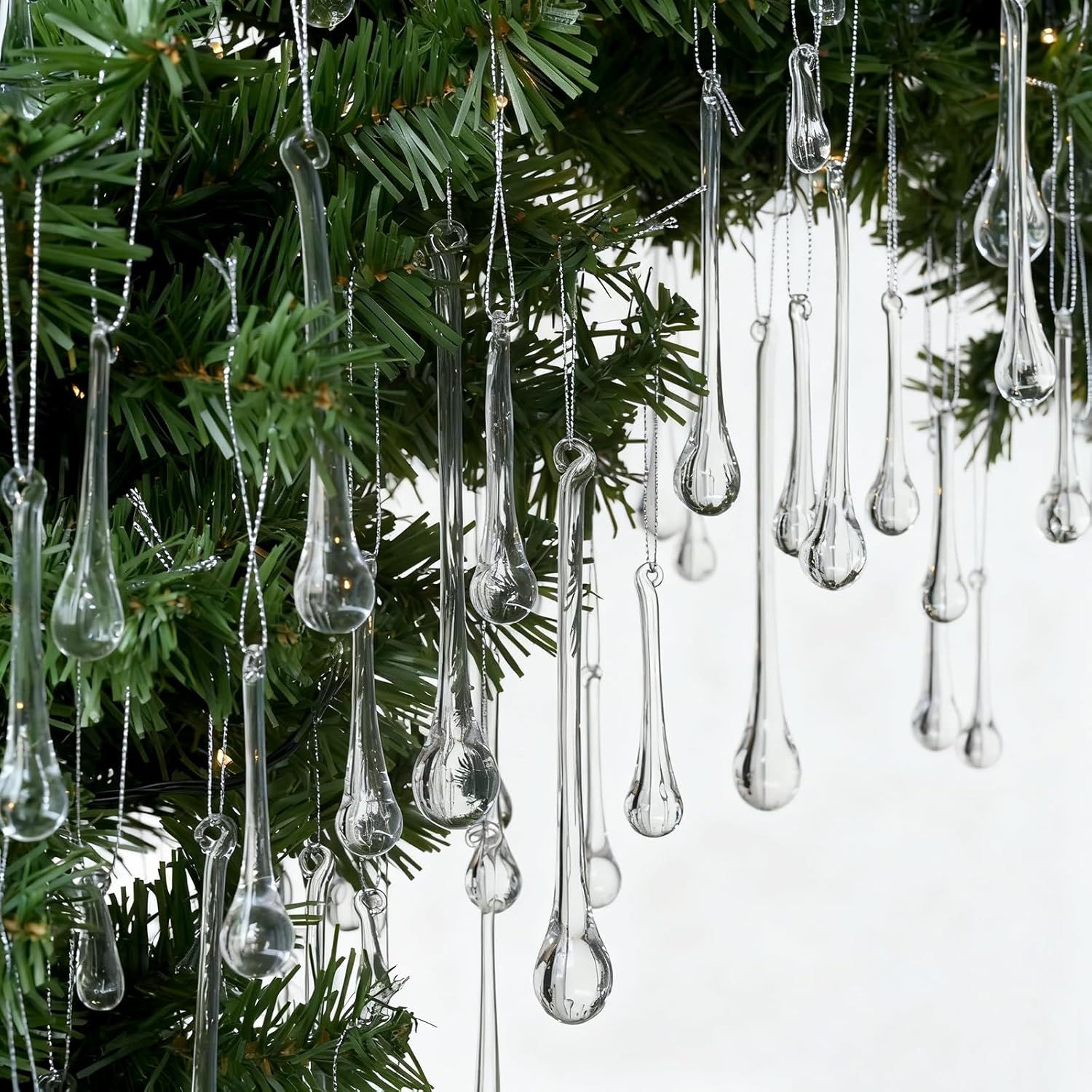 64 Pcs Glass Raindrop Ornaments for Christmas Tree Decor
