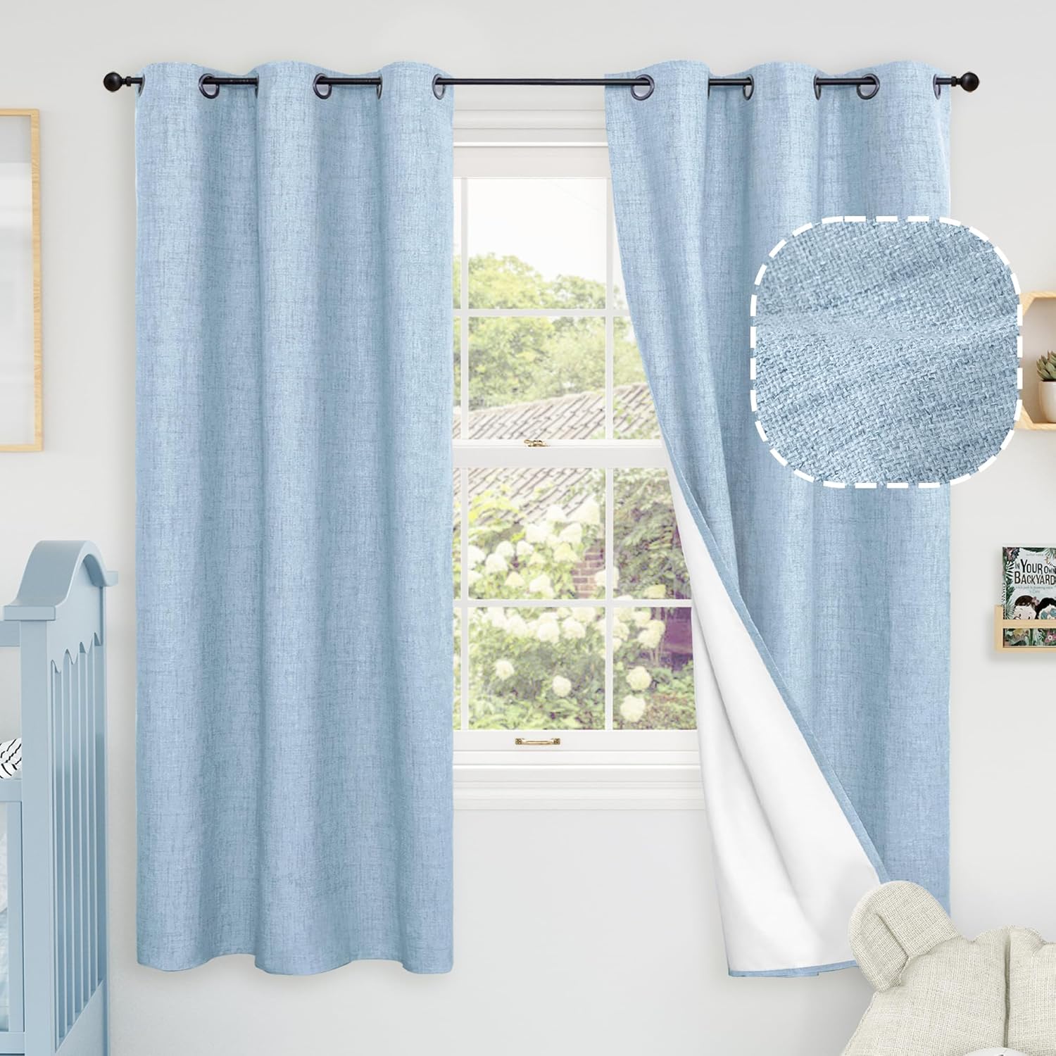 Baby Blue Linen Blackout Curtains for Nursery 63 Inch Length