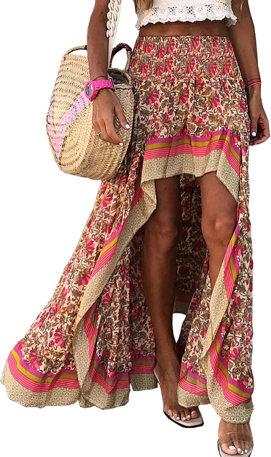 BTFBM Women Boho Long Skirts Dress Floral Print Maxi Skirt