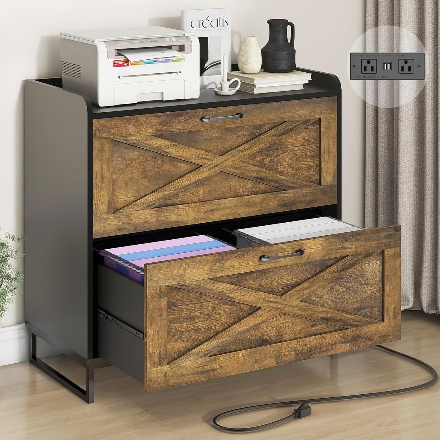 Lateral File Cabinet with Charging Station for Home Office Use
