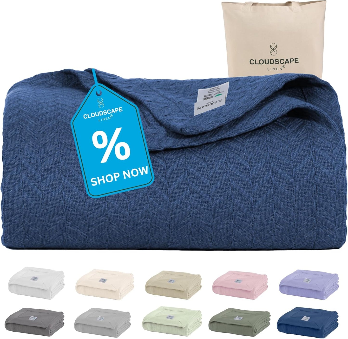 Cloud Scape Linen Herringbone Cotton Twin Blanket for All Seasons