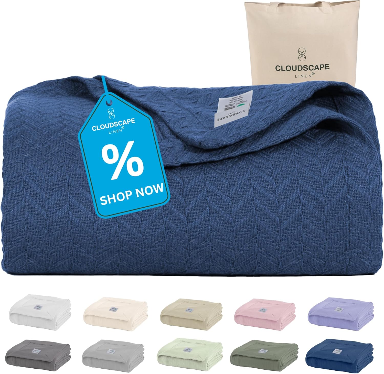 Cloud Scape Linen Herringbone Cotton Twin Blanket for All Seasons