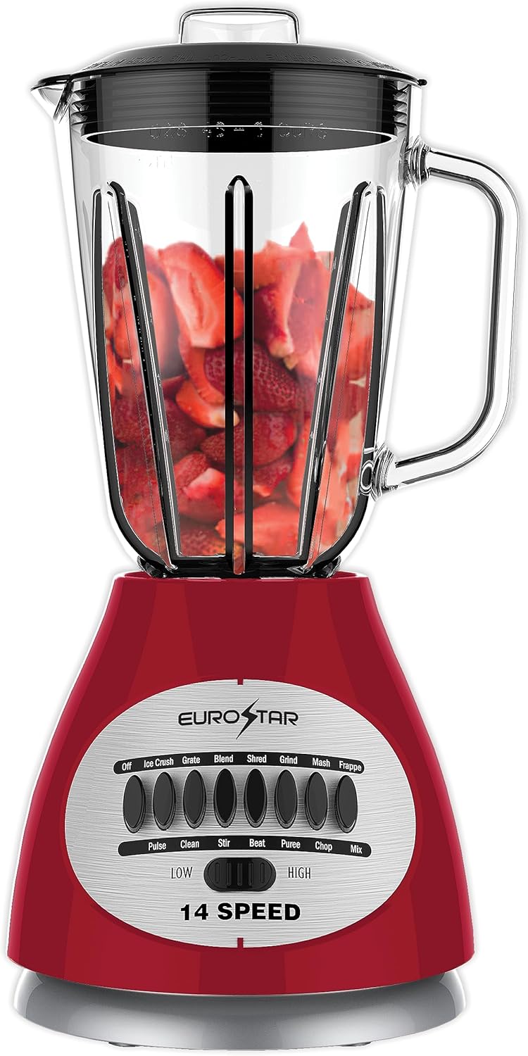 Blend with Ease: EUROSTAR 14-Speed Glass Jar Blender (RED)