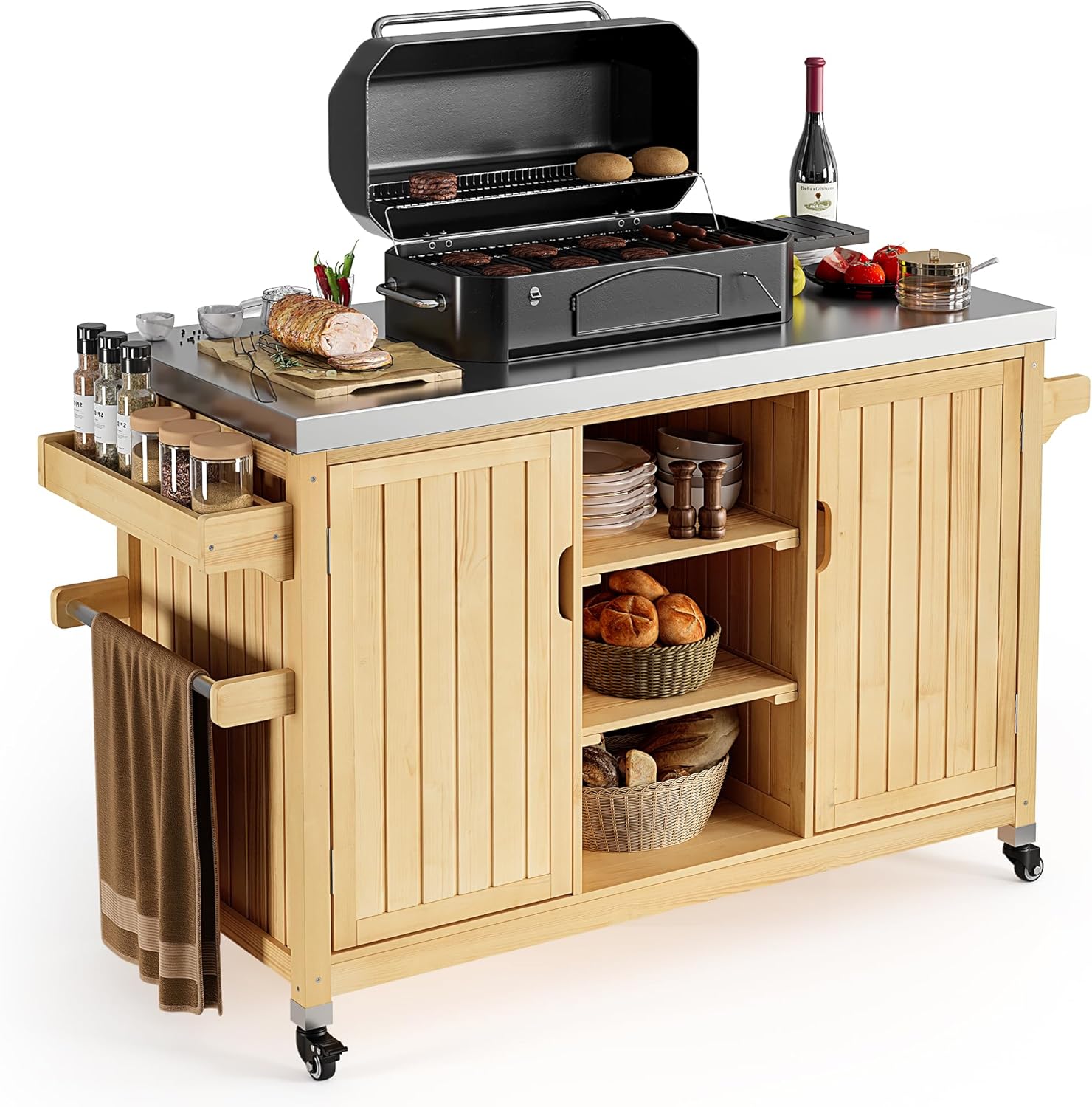 YITAHOME XL Solid Wood Outdoor Grill Cart with Lockable Wheels
