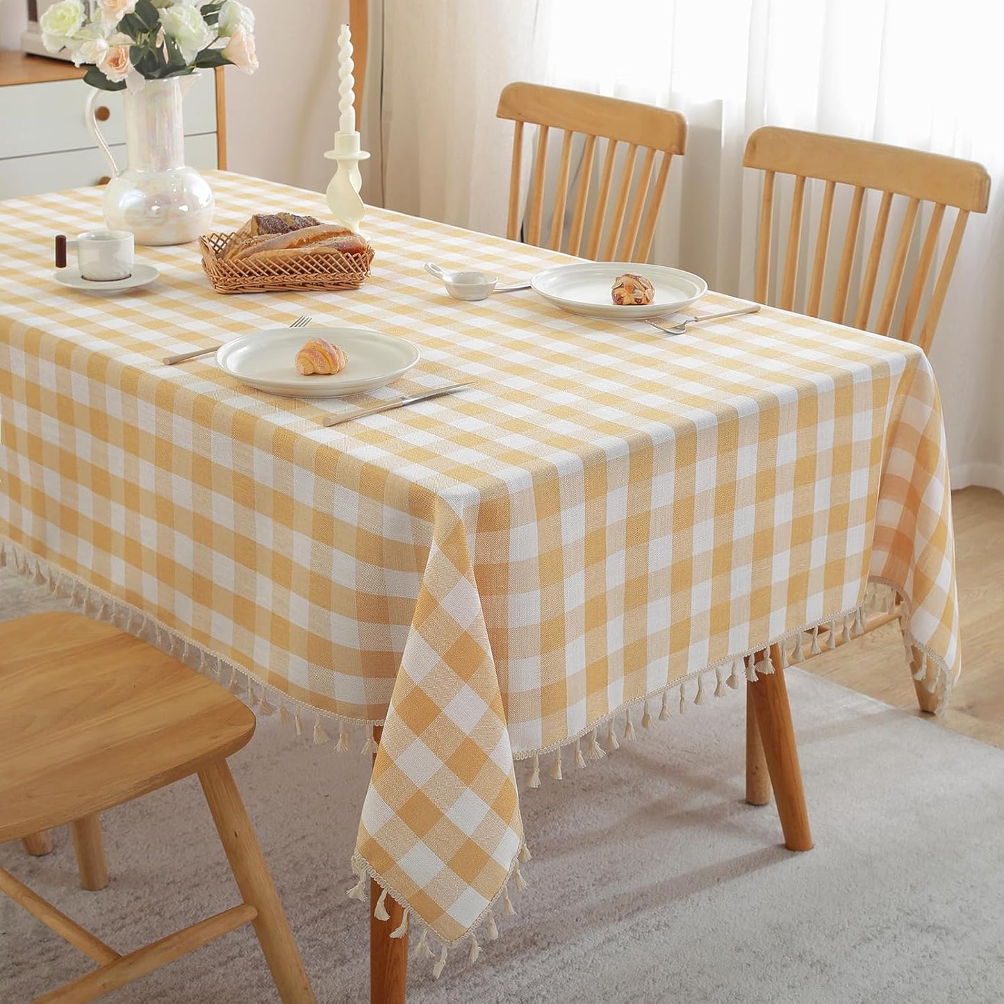 Gingham Tablecloth Rectangle Cotton Linen Fabric with Tassel