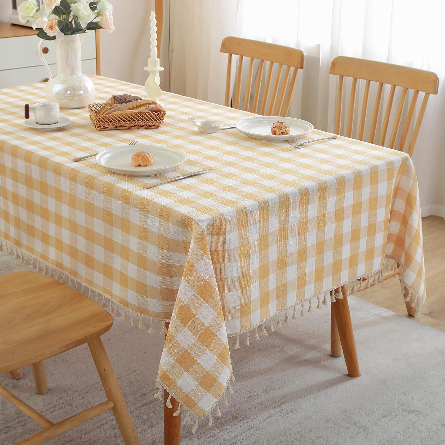 Gingham Tablecloth Rectangle Cotton Linen Fabric with Tassel